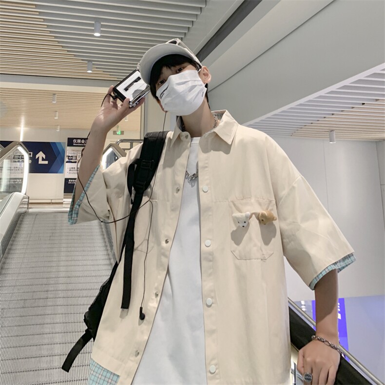 日系ins潮流休闲帅气短袖拼接小熊衬衫原宿风衬衫男W3137-P38,男装衬衫,星座512-2