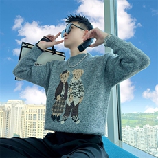 AM297/P88控118秋冬季社会小伙休闲百搭保暖外套阔版提花小熊男灰，男装棉衣，星座305B-1