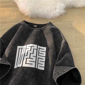 纯棉重磅水洗官印印花短袖T恤平铺M~5XL XZ604-DT105-P45控58图片