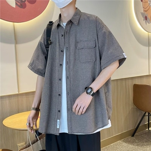 ER2351-P35 夏日复古细格纹工装短袖衬衫男女新款ns潮牌衬衣外套图片