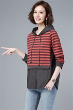 2021春装新款时尚条纹拼接宽松舒适休闲连帽卫衣，女装卫衣/绒衫，深水步