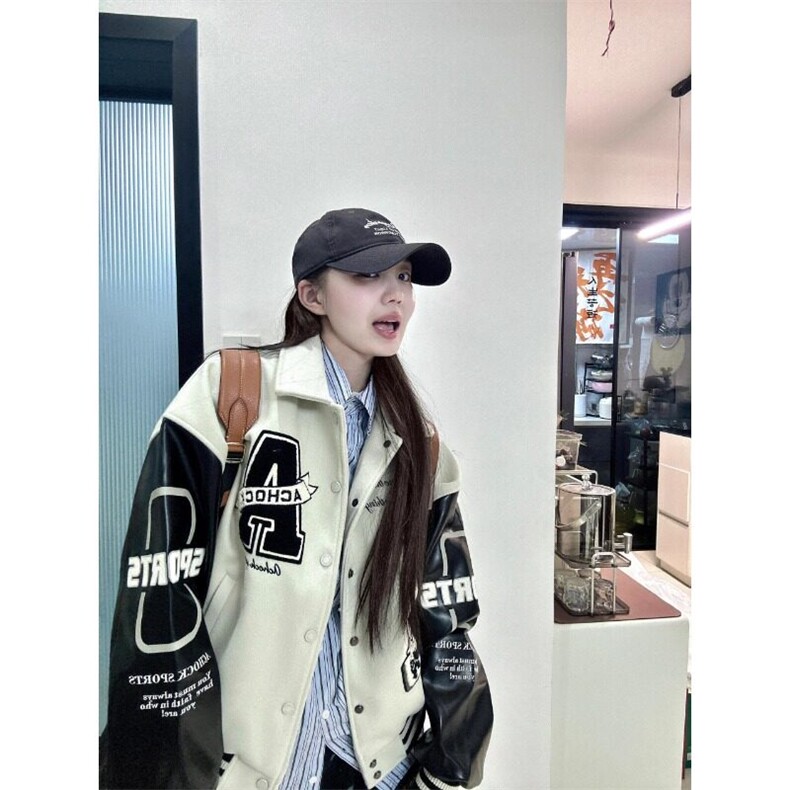 美式复古棒球服外套女春季新款翻领刺绣高街立领夹克宽松潮牌上衣,女装短外套,星座506A