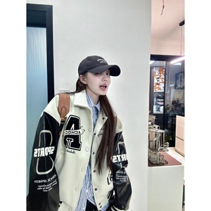美式复古棒球服外套女春季新款翻领刺绣高街立领夹克宽松潮牌上衣图片
