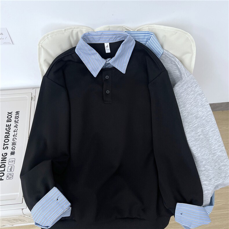 加绒加厚假两件撞色拼接衬衫领长袖T恤男上衣WY009-P45加绒P50,男装T恤,星座308B-2