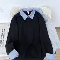 加绒加厚假两件撞色拼接衬衫领长袖T恤男上衣WY009-P45加绒P50，男装T恤，星座308B-2