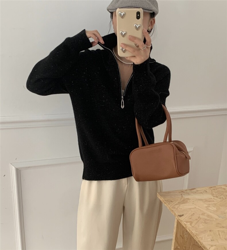 时尚紫色半拉链金豆纱上衣秋冬保暖显瘦长袖毛衣,女装羊毛衫,牧思羊