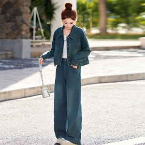 新中式牛仔套装女2025春新款超好看独特漂亮超火减龄阔腿裤两件套,女装套装/套裙,欣品汇