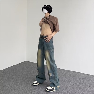 美式破洞黄泥染牛仔裤男女宽松直筒长裤高街嘻哈阔腿裤裤GN20-P45图片