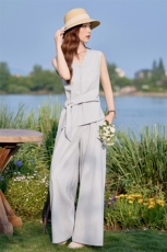 时尚高级感无袖背心套装女夏2025新款巨好看系带上衣阔腿裤两件套，女装套装/套裙，美沁