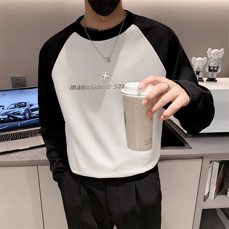 黑色2023秋装男士修身圆领印花长袖T恤潮款长tee男T2308-P58控78,男装T恤,电商A108