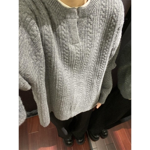FFY2400-P70 复古麻花设计感毛衣男女情侣慵懒亨利领宽松套头图片