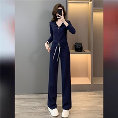 高端时尚套装女秋季新款修身显瘦双头拉链开衫卫衣阔腿长裤两件套，女装套装/套裙，江南