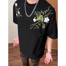 现货重磅潮牌刺绣花卉短袖T恤男女新款美式高街上衣WLZ888-P45，男装T恤，星座1008