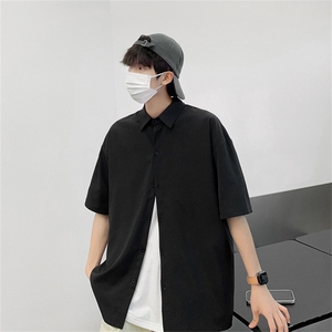 2025夏装黑色痞帅短袖燕尾衬衫男宽松冰丝衬衣 C303P30图片