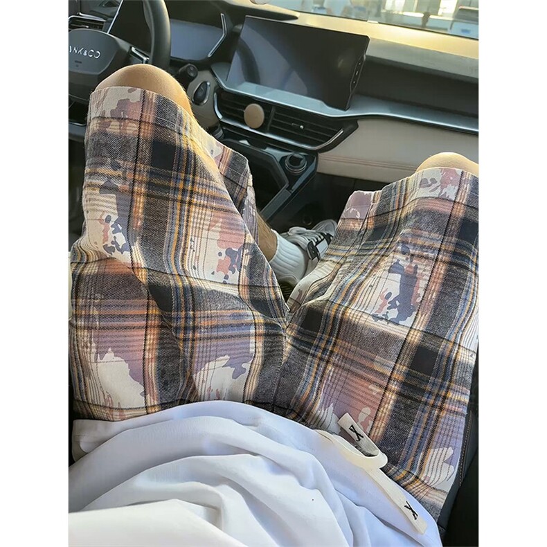扎染格子短裤男夏季美式复古高街vibe高级感潮流宽松休闲五分裤子,男装休闲裤,电商A007