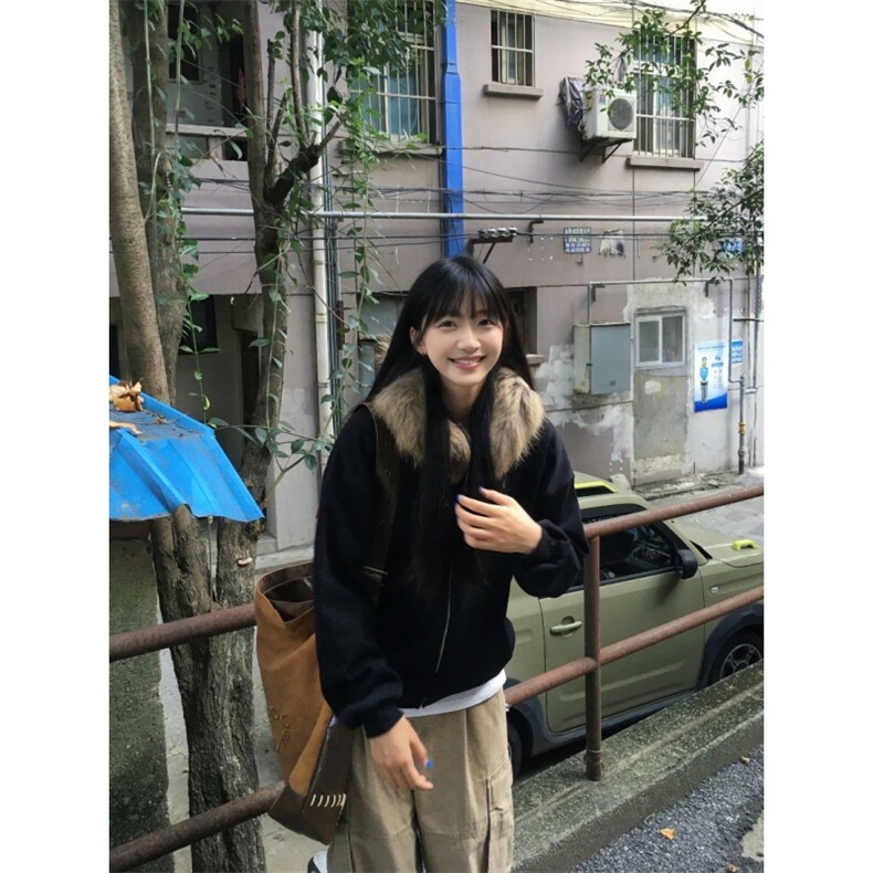 2025秋冬新款毛领加绒加厚开衫外套，女装短外套，电商A336-2