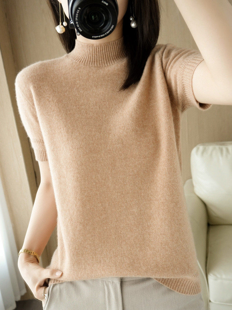 羊绒衫女短袖女士春装新款内搭洋气半高领羊毛针织打底衫半袖T恤，女装T恤，绒泰祥