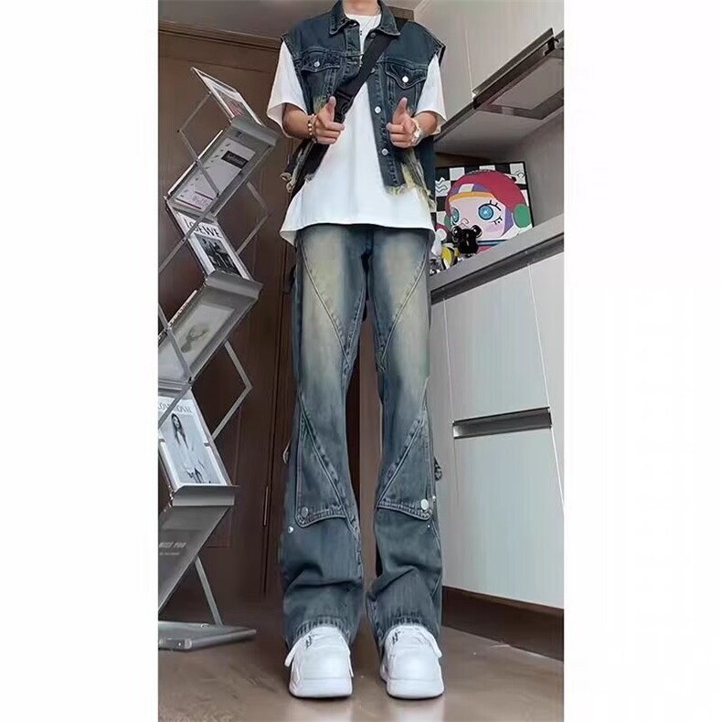 美式复古排扣牛仔裤阔腿宽松潮男裤直筒修身微喇叭裤AM1100P49，男装牛仔裤，星座1013-5