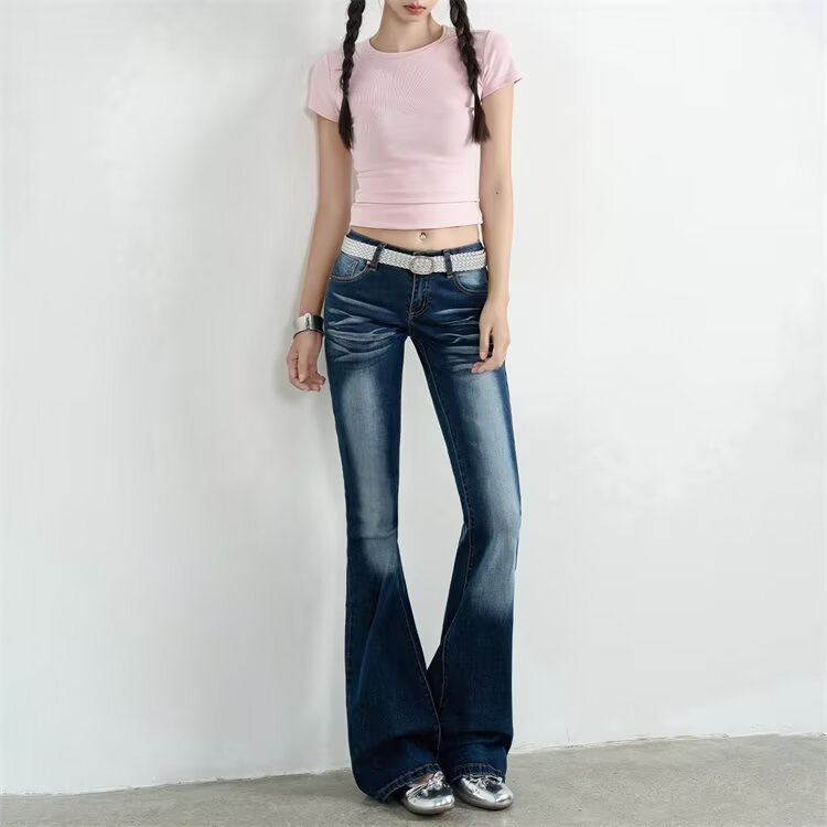 美式复古低腰微喇牛仔裤女2025新款辣妹修身显瘦百搭弹力喇叭裤子,男装牛仔裤,星座1210-1