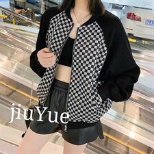 现货秋季新款欧美时尚拼色插肩袖格子夹克外套，其它，九月