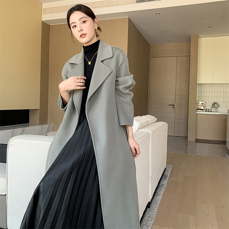 2025秋冬新款西装领系带纯羊毛长款毛呢外套女赫本风双面羊绒大衣，女装双面呢大衣，赛欧妮