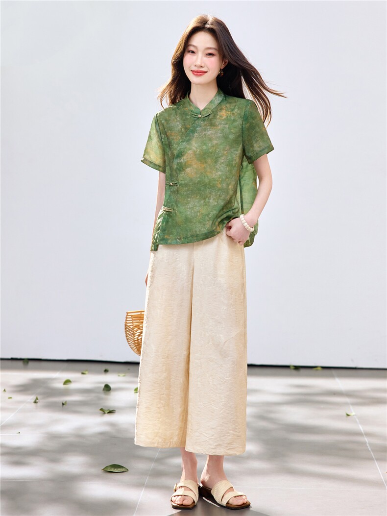 长期现货2026夏装新款时尚两件套装女提花新中式衬衫T阔腿腿裤女,女装套装/套裙,璐依舞