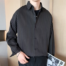 条纹衬衫外套男春秋季潮牌休闲衣服短袖潮流男士长袖黑衬衣C303，男装衬衫，星座1116A-2（原606A-1）
