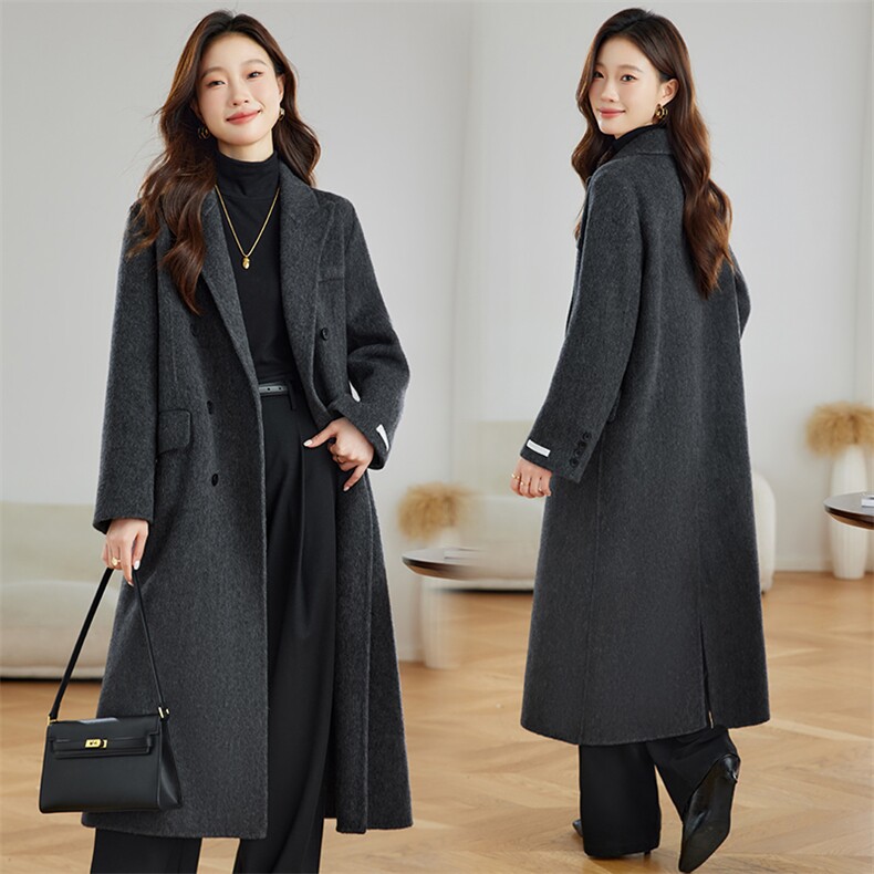 双面羊绒大衣女2025秋冬新款高级感深灰色西装长款直角肩毛呢外套，女装毛呢外套，拾衣