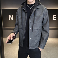店主风2025秋新款假两件连帽可拆卸皮衣男夹克外套5035-P165，男装皮衣，电商B338