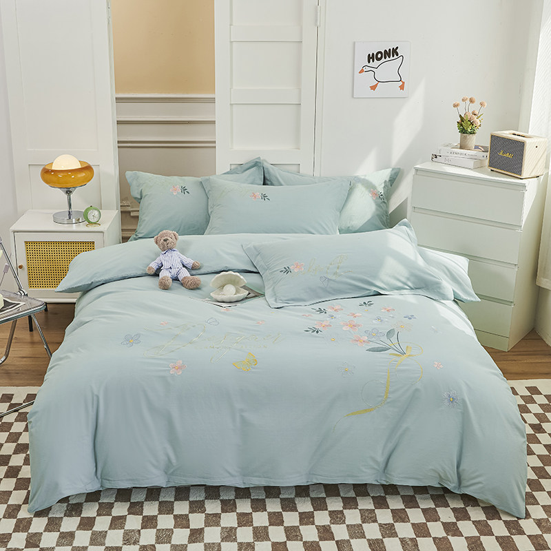 22新款全棉高端水洗棉刺绣四件套1 5米床单款四件套花海 薄荷绿 悦蔓意ymy801 10 一起卖家纺