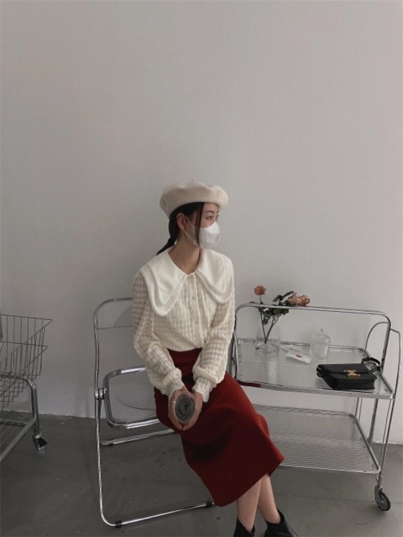 双珍珠领蕾丝磨毛上衣，其它，新袖