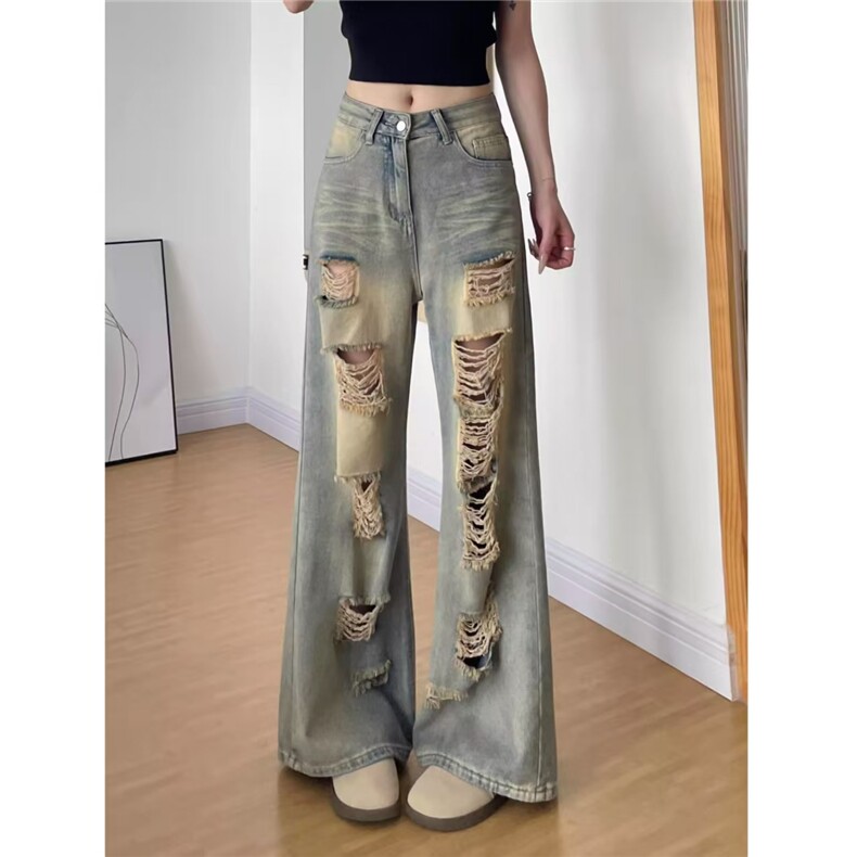 美式复古做旧乞丐破洞牛仔裤男女夏季显瘦梧桐直筒阔腿拖地裤子,男装牛仔裤,四季星座505
