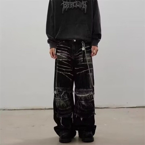2025春季美式脏旧水洗微喇牛仔裤男女复古痞帅炸街直筒宽松长裤潮图片