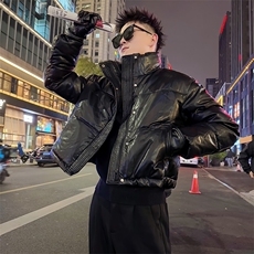 AY152-P138控178冬季社会小伙PU皮立领保暖短款修身棉服男黑首1，男装棉衣，星座305B-1