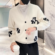 拼图白色长袖针织衫V领高级感提花拼色痞帅开衫夹克外套秋冬M8818，男装针织衫/毛衣，星座601-1