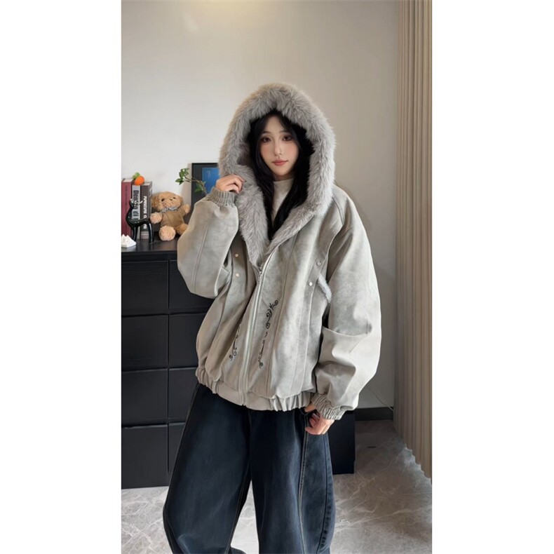 美式长毛座山雕pu皮外套连帽梵古文刺绣棉服男冬季夹棉，男装皮衣，星座307A