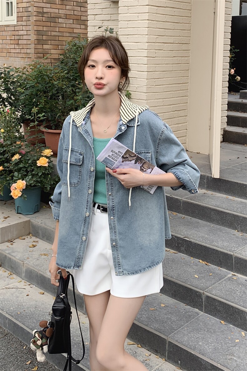 正品女装官方夏2025春季新款休闲百搭上衣复古可脱卸帽女士牛,女装短外套,豆豆家