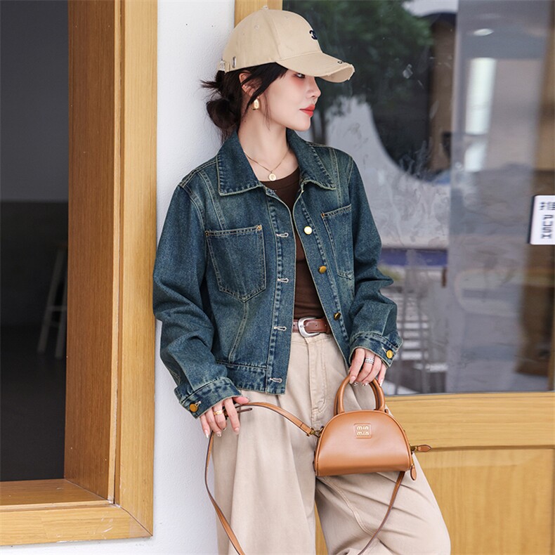 复古港风牛仔外套女2024春秋新款休闲百搭通勤水洗短款夹克上衣潮，女装牛仔外套，潮流依族