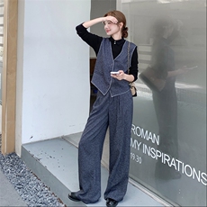 轻熟风韩系马甲阔腿裤套装女春秋2025新款ootd穿搭打底衫三件套，女装套装/套裙，2C056