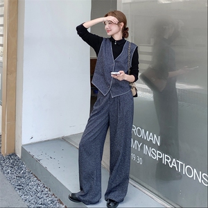 轻熟风韩系马甲阔腿裤套装女春秋2025新款ootd穿搭打底衫三件套图片