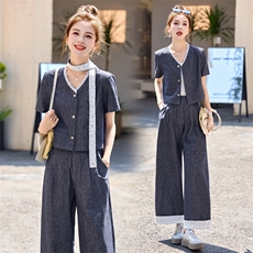 牛仔套装女2025夏季新款韩系小香风气质蕾丝九分阔腿裤穿搭一整套，女装套装/套裙，布芭啦