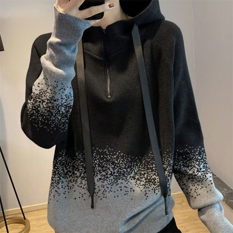 韩版洋派渐层连帽运动衫女秋季宽松休闲时尚套头百搭针织衫外穿上,女装卫衣/绒衫,萱芳婷羊绒