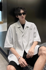 春夏英伦学院风青春男大竖条纹短袖衬衫翻领外套口袋设计短袖P40，男装衬衫，电商B319