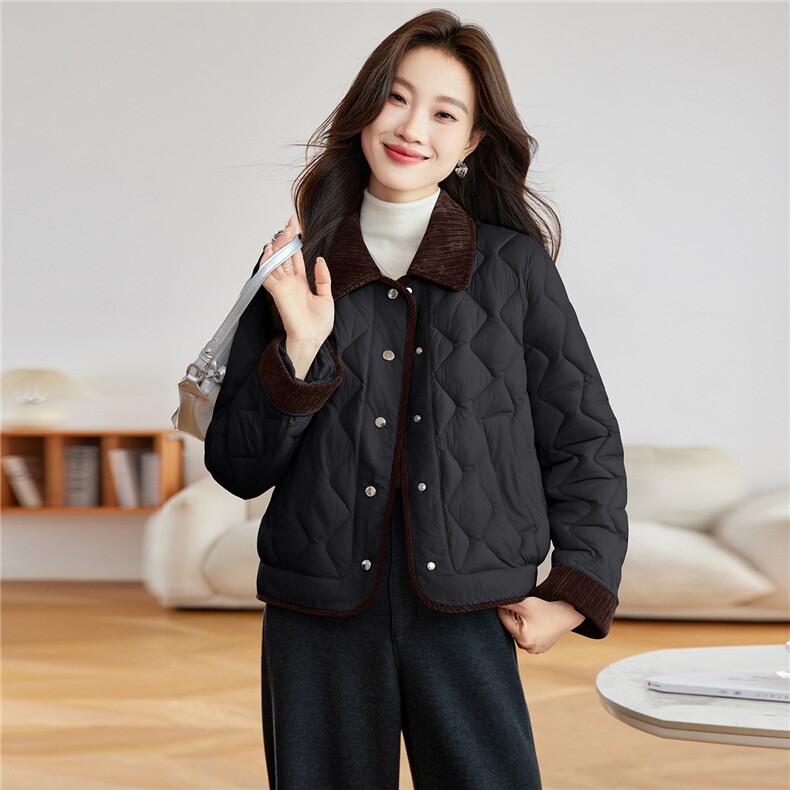 现货2025冬装新款时尚短款棉衣拼接外套修身显瘦百搭小个子女人味,女装棉衣/棉服,唯婧