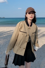 卡其色短风衣女春秋2024新款设计感抽绳收腰漂亮外套气质名媛上衣，女装短外套，帛香坊
