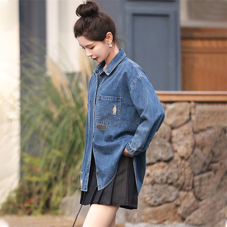欧洲站牛仔衬衫女中长款2024春秋新款韩版宽松小个子衬衣外套上衣,女装衬衫,丽影随形