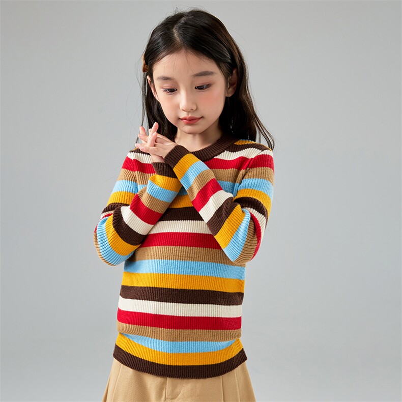 可机洗女童彩红条精纺羊毛针织衫宝宝修身打底毛衣羊绒不起球上衣，童装儿童羊毛衫，初丹羊绒童装