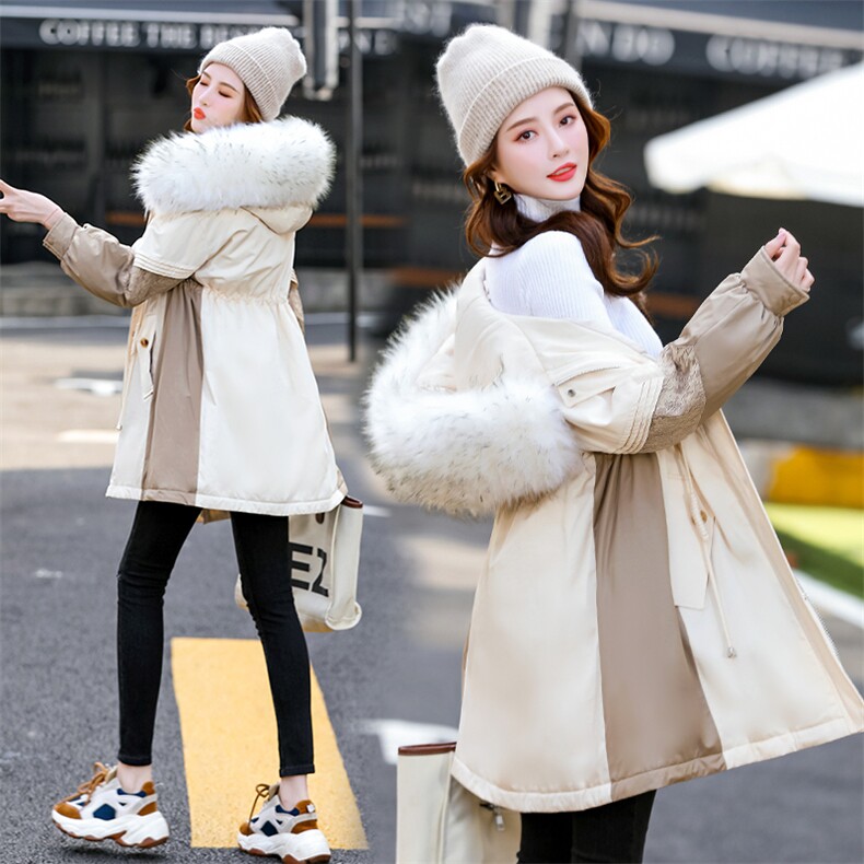 2020冬季新款优雅格调时尚气质保暖蕾丝拼接大毛领连帽派克服棉衣，女装棉衣/棉服，艾尚靓装