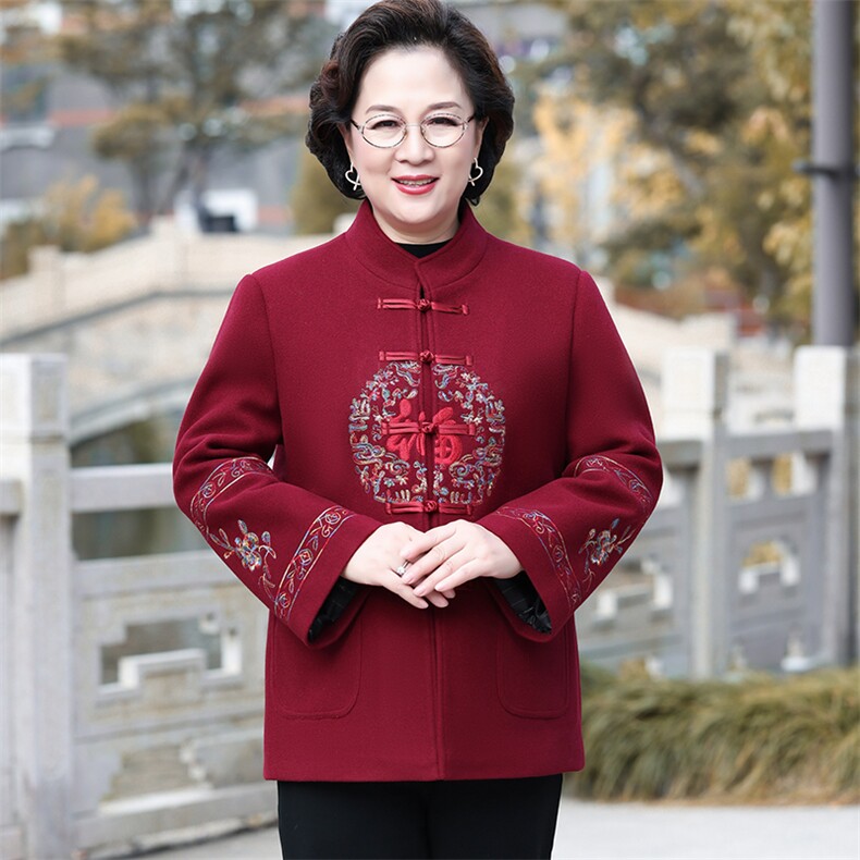 2024年秋冬新款中老年男女款立领长袖刺绣羊毛呢外套,女装毛呢外套,衣恋羊绒