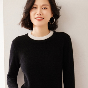 亲肤软糯拼色圆领加厚山羊绒衫女秋冬宽松套头毛衣针织羊毛打底衫图片